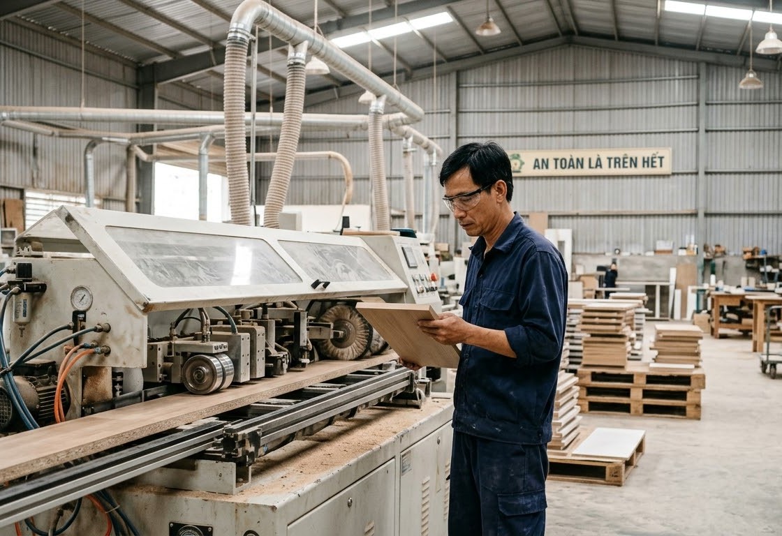 nhận gia công dán cạnh bằng máy dán cạnh 6 chức năng xén tinh và đánh bóng mép ván