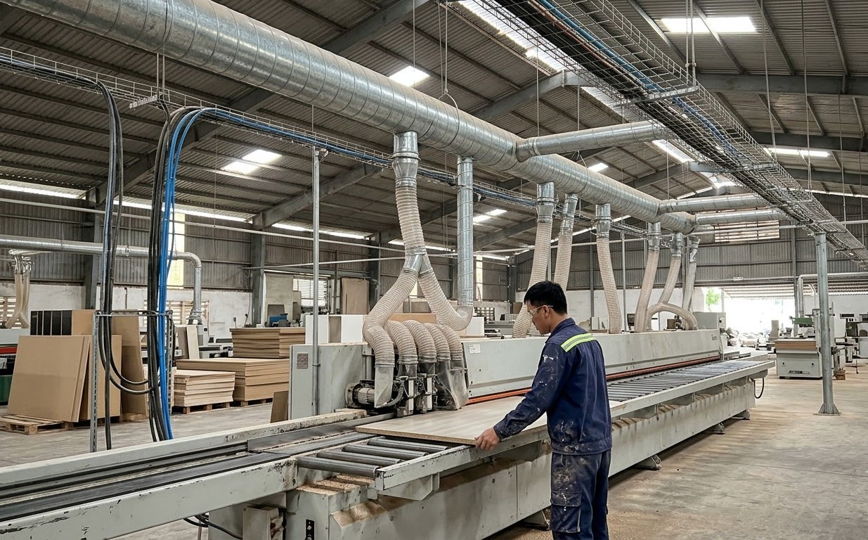 Bố trí xưởng gỗ công nghiệp với hệ thống hút bụi và cấp khí nén cho máy dán cạnh