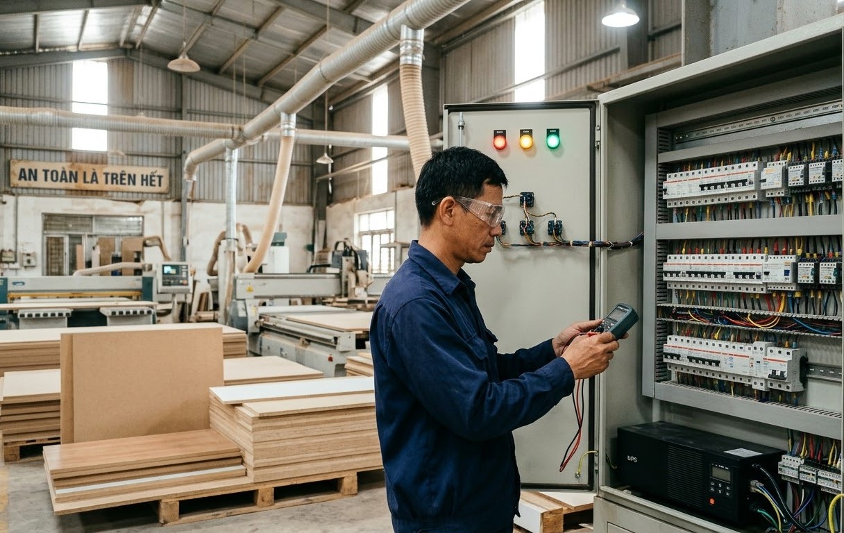 tính công suất điện máy khoan và cân đối phụ tải tủ điện xưởng gỗ công nghiệp
