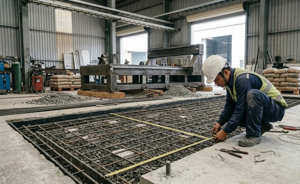 Độ dày bê tông đặt máy CNC và cốt thép đan chịu lực