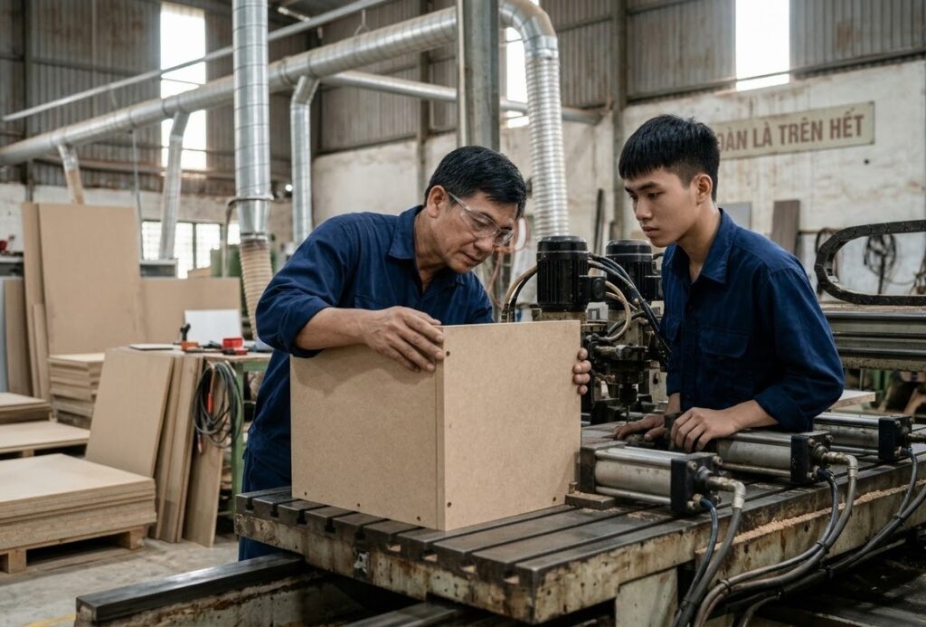 liên kết thùng tủ vuông góc nhờ máy khoan ngang laser chuẩn xác