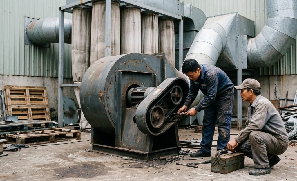 Hệ thống hút bụi máy chà nhám và máy cắt ván cũ xưởng gỗ