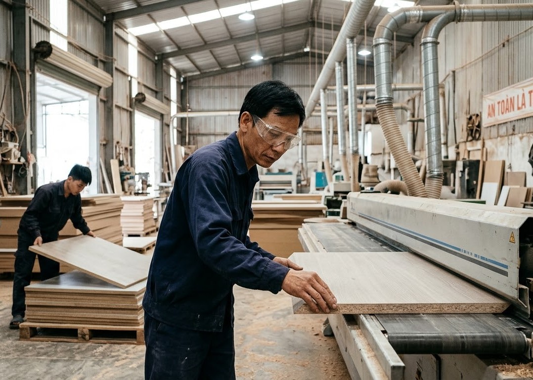 kỹ thuật viên nhận gia công dán cạnh nẹp chỉ nhựa mdf trên chuyền máy tự động