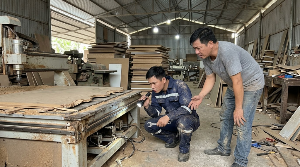 Khung bệ mỏng và thanh ray dẫn hướng kém chịu tải là nguyên nhân chính khiến máy cắt ván bị rung lắc và méo góc