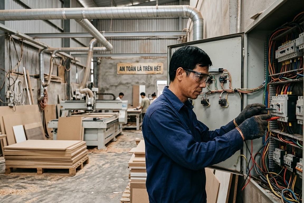 kỹ thuật viên tính công suất điện máy khoan để chọn cỡ dây cáp và aptomat an toàn