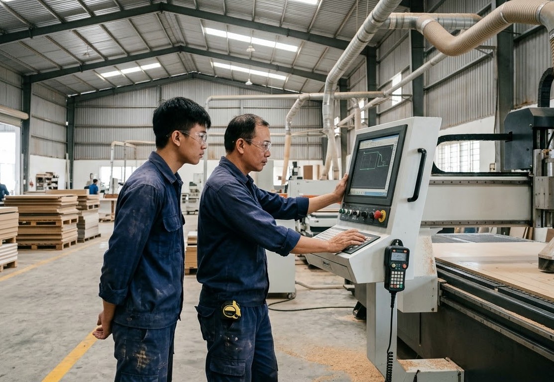 kỹ thuật viên vận hành máy cnc dán tem tự động tối ưu chi phí mở xưởng mộc